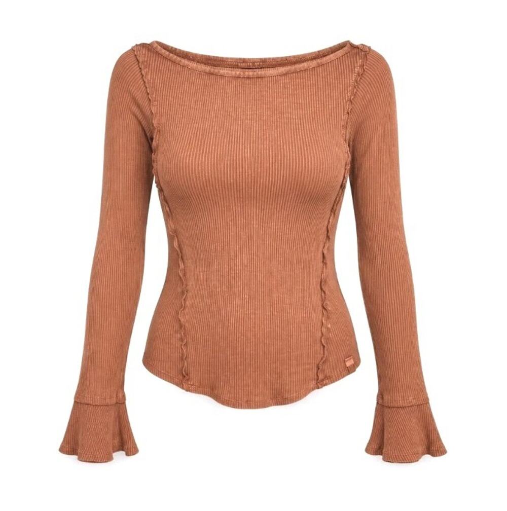 Free People Soul Sister Bell Sleeve Top Ribbed Boat Neck Brown Womens Size Large